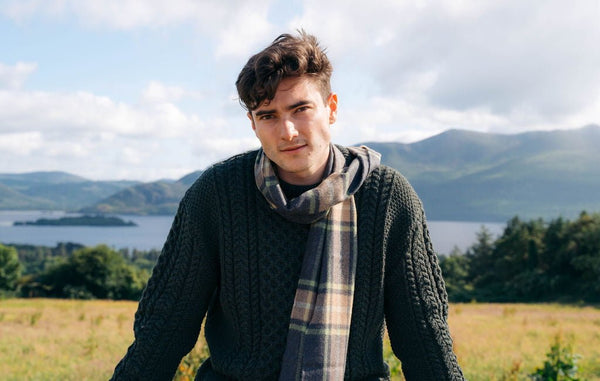 Irish Luxury Merino Wool Scarf - Grey. Beige & Light Green Check