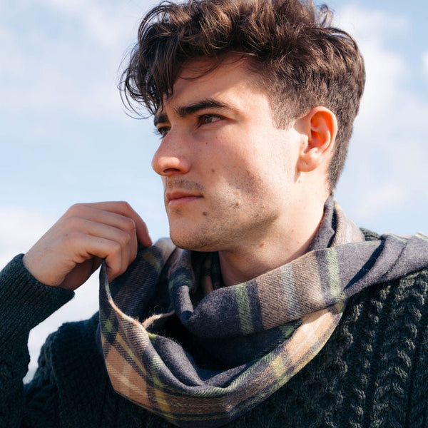 Irish Luxury Merino Wool Scarf - Grey. Beige & Light Green Check