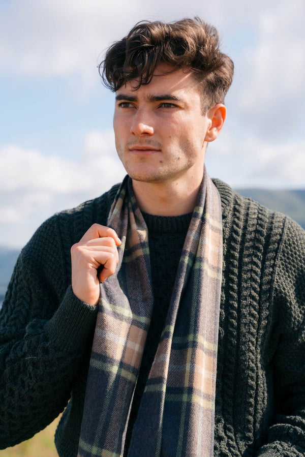 Irish Luxury Merino Wool Scarf - Grey. Beige & Light Green Check