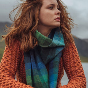 100% Irish Lambswool Long Scarf - Turquoise, Green & Blue Block