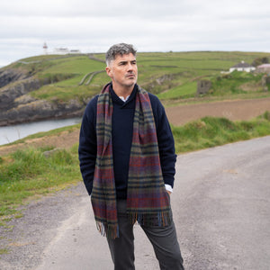 100% Irish Lambswool Long Scarf - Green, Mustard & Purple Check