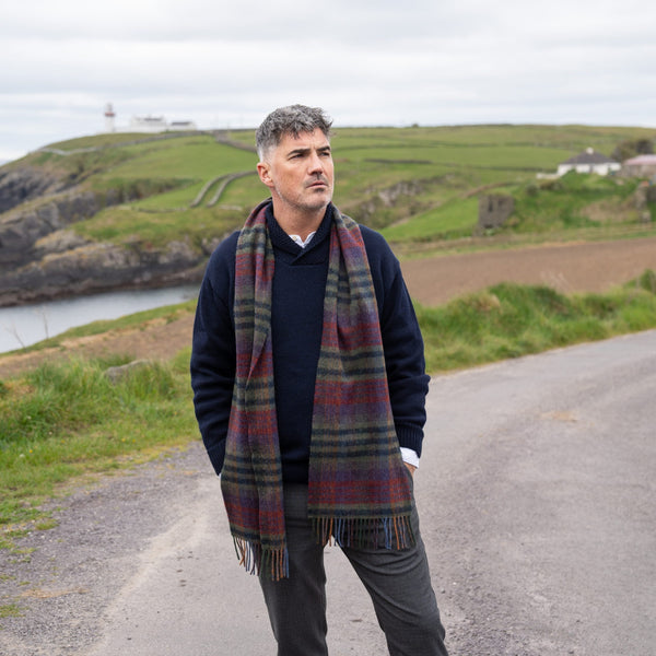 100% Irish Lambswool Long Scarf - Green, Mustard & Purple Check