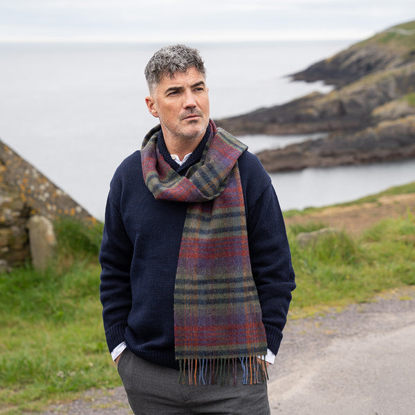 100% Irish Lambswool Long Scarf - Green, Mustard & Purple Check