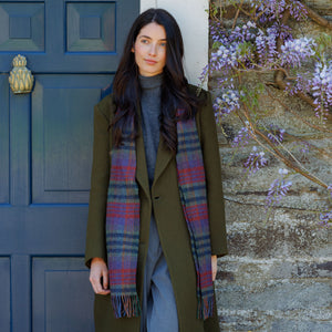 100% Irish Lambswool Long Scarf - Green, Mustard & Purple Check