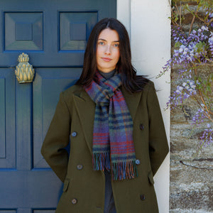 100% Irish Lambswool Long Scarf - Green, Mustard & Purple Check