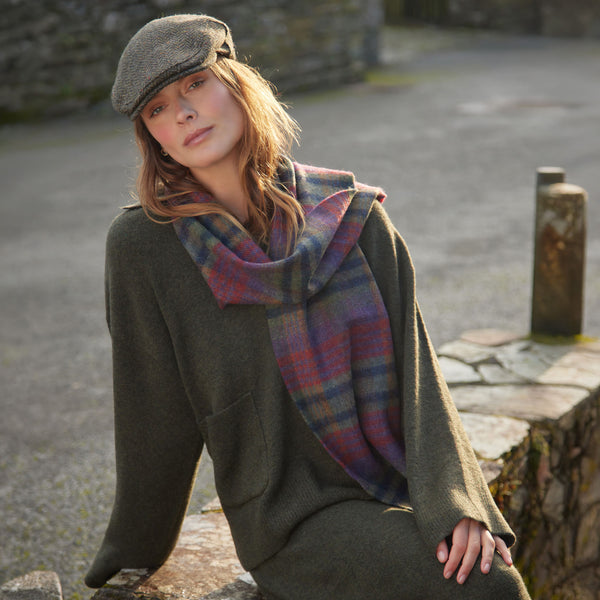 100% Irish Lambswool Long Scarf - Green, Mustard & Purple Check