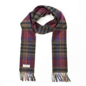 100% Irish Lambswool Long Scarf - Green, Mustard & Purple Check