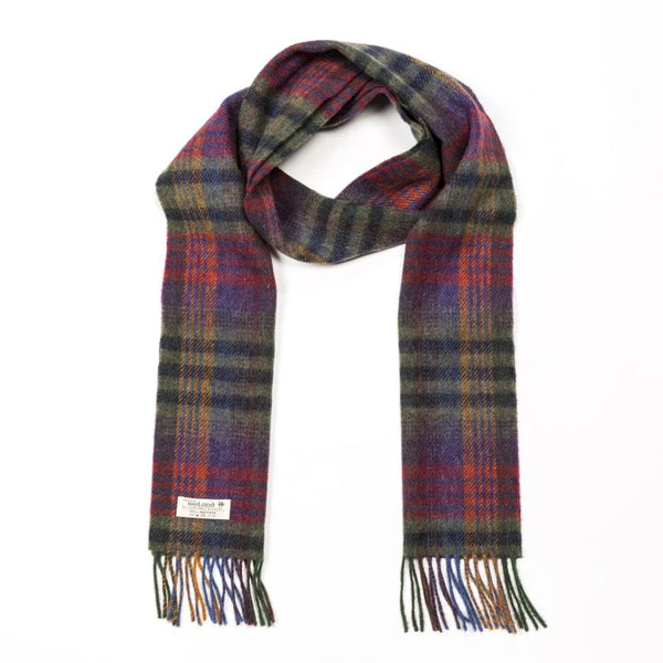 100% Irish Lambswool Long Scarf - Green, Mustard & Purple Check