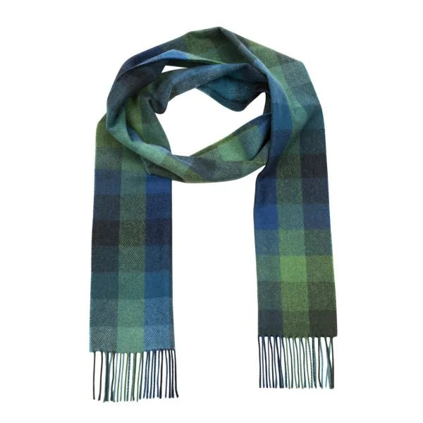 100% Irish Lambswool Long Scarf - Turquoise, Green & Blue Block