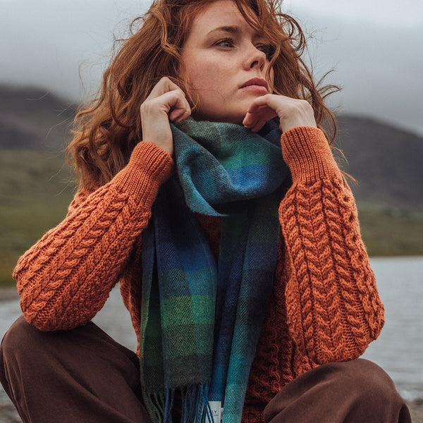 100% Irish Lambswool Long Scarf - Turquoise, Green & Blue Block