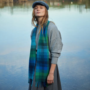 100% Irish Lambswool Long Scarf - Turquoise, Green & Blue Block