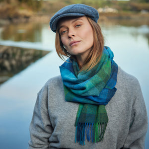 100% Irish Lambswool Long Scarf - Turquoise, Green & Blue Block