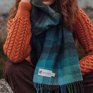 100% Irish Lambswool Long Scarf - Turquoise, Green & Blue Block