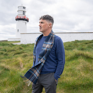 100% Irish Lambswool Long Scarf - Navy, Orange & Denim Check