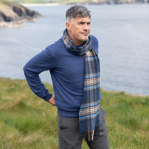 100% Irish Lambswool Long Scarf - Navy, Orange & Denim Check