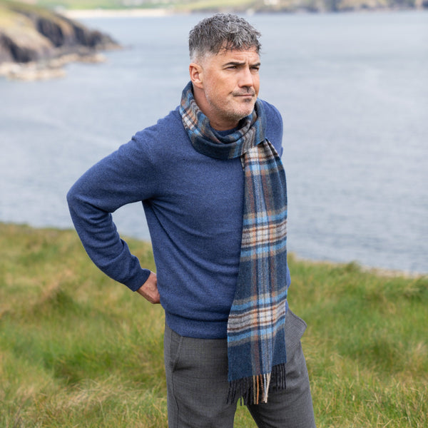 100% Irish Lambswool Long Scarf - Navy, Orange & Denim Check