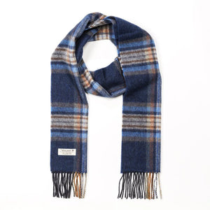 100% Irish Lambswool Long Scarf - Navy, Orange & Denim Check