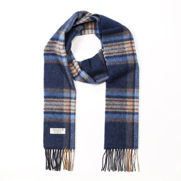 100% Irish Lambswool Long Scarf - Navy, Orange & Denim Check