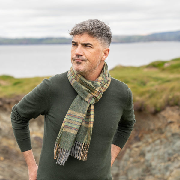 100% Irish Lambswool Long Scarf - Dark Green, Mint & Mustard Check
