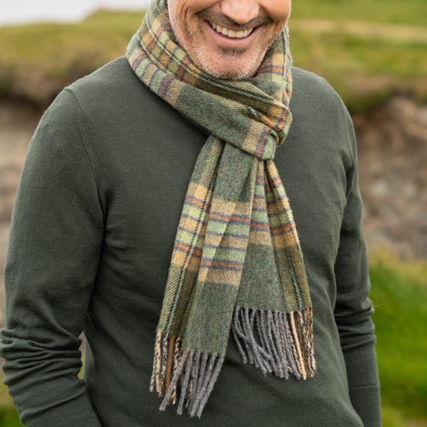 100% Irish Lambswool Long Scarf - Dark Green, Mint & Mustard Check