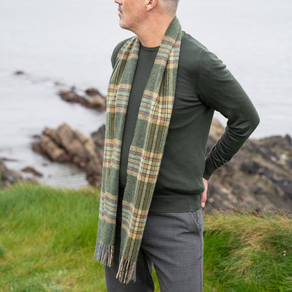 100% Irish Lambswool Long Scarf - Dark Green, Mint & Mustard Check