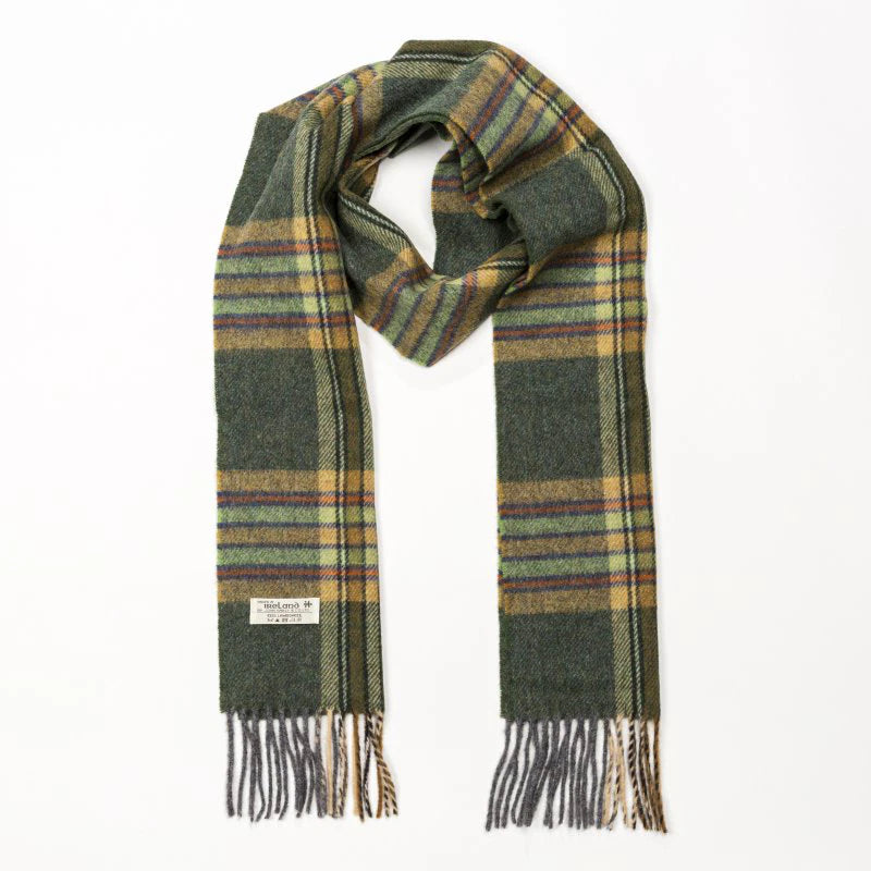100% Irish Lambswool Long Scarf - Dark Green, Mint & Mustard Check