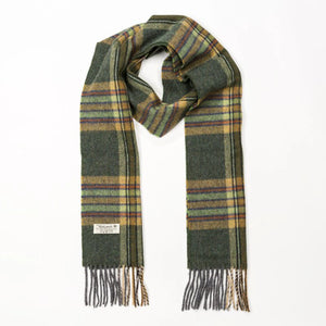 100% Irish Lambswool Long Scarf - Dark Green, Mint & Mustard Check