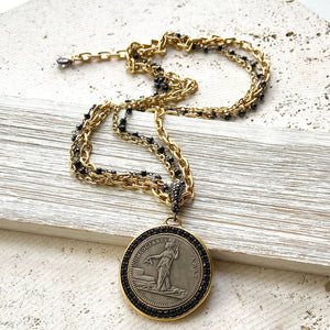 French Revolutionary Coin Pendant w/ Black Spinel - Gold & Black Chains