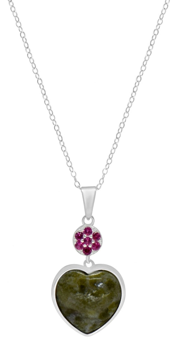 Connemara Marble Sterling Silver Pink Crystal Flower & Heart Pendant