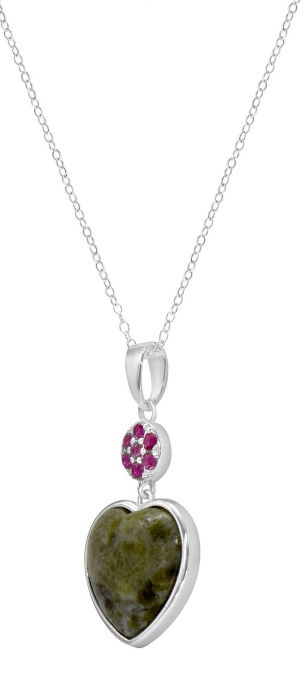 Connemara Marble Sterling Silver Pink Crystal Flower & Heart Pendant
