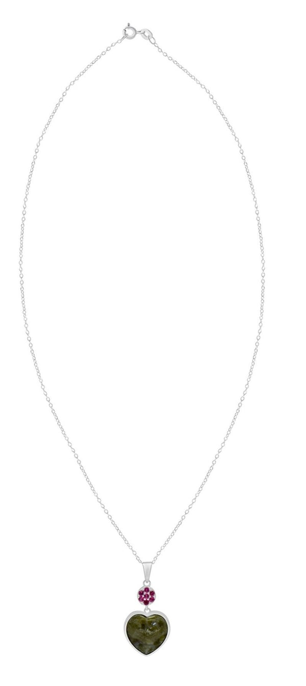 Connemara Marble Sterling Silver Pink Crystal Flower & Heart Pendant