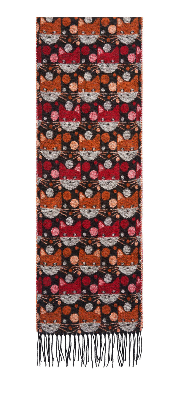 Scarf with Comical Cats Motif - 2 Red/Orange
