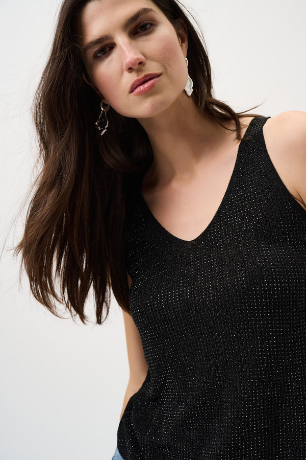 Metallic Knitted Camisole with Rhinestones - Black