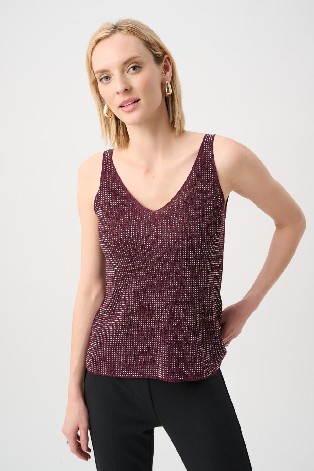 Metallic Knitted Camisole w/ Rhinestones - Elderberry