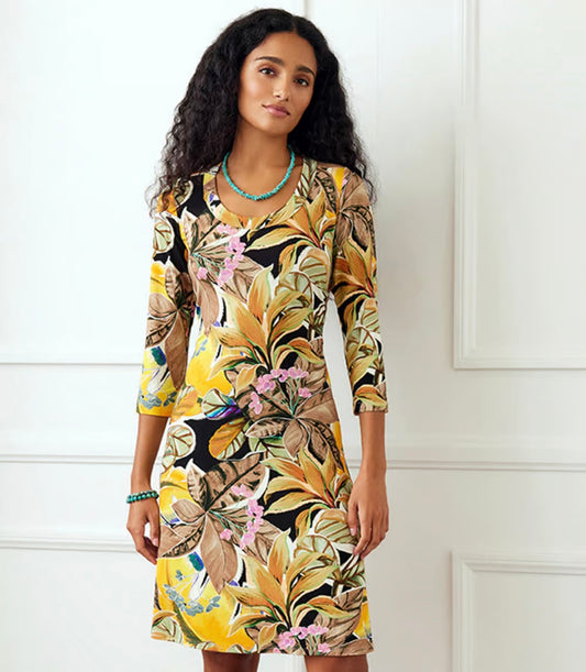 Tropical Print 3/4 Sleeve A-Line Dress