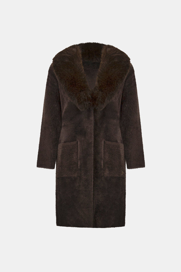Feather Yarn Knit Coat With Detachable Faux Fur Collar