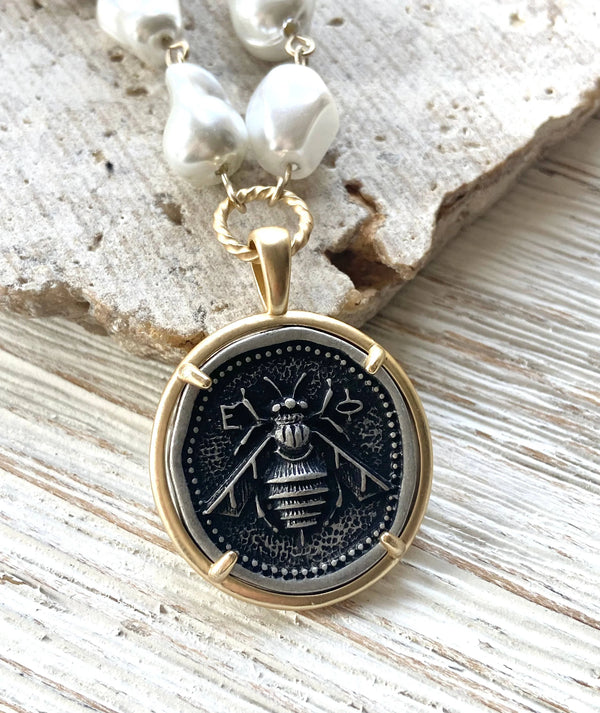 Bee Pendant w/ Gold Paperclip Chain & Pearls