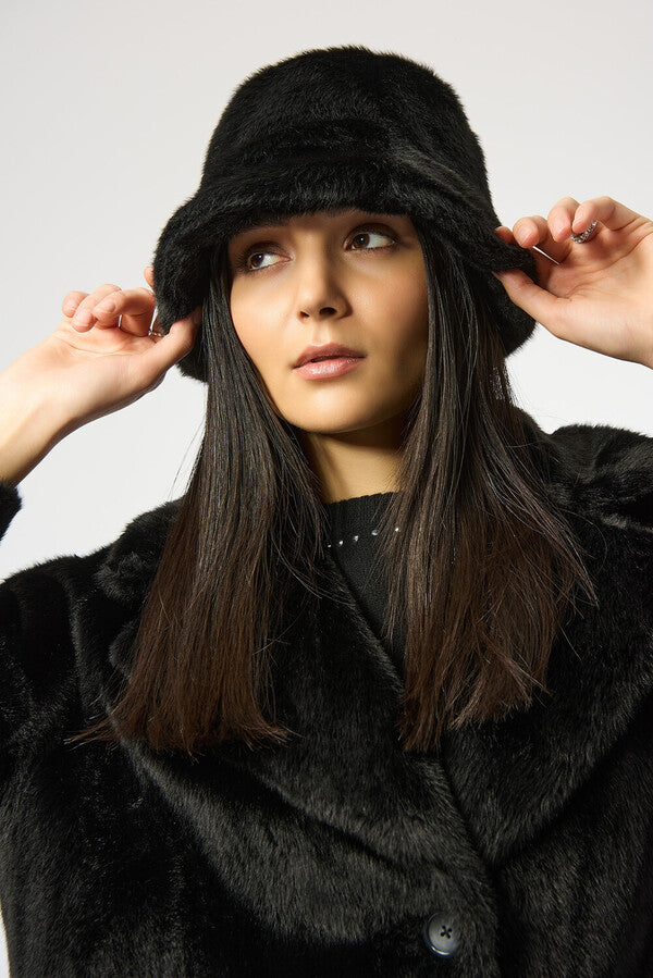 Faux Fur Bucket Hat - Black