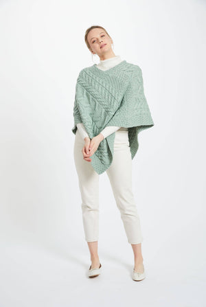 Aasleagh Falls Ladies Aran Poncho - Sea Foam Green