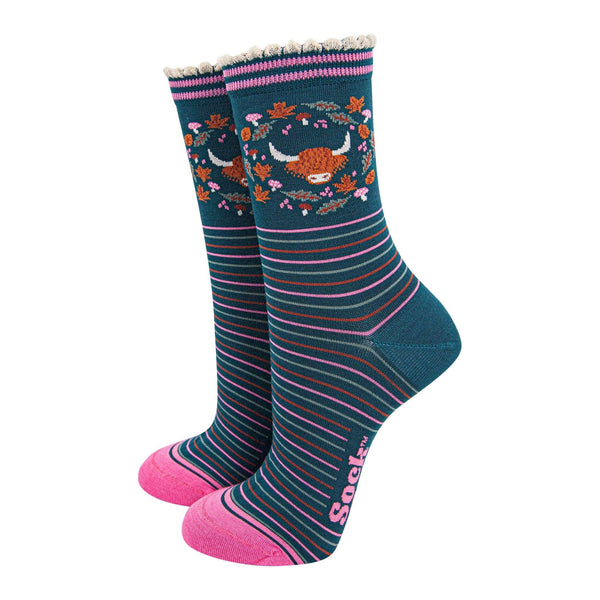 Women's Bamboo Socks - Green/Pink, Highland Cow Wreath: UK 3-7 | EU 36-40 | US 5-9