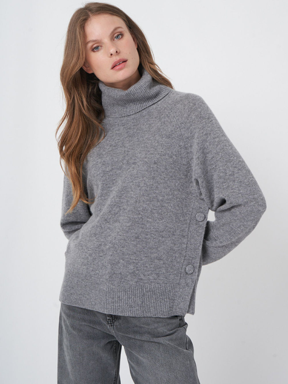 Turtle Neck With Button Side Detail - Grey - FINAL SALE