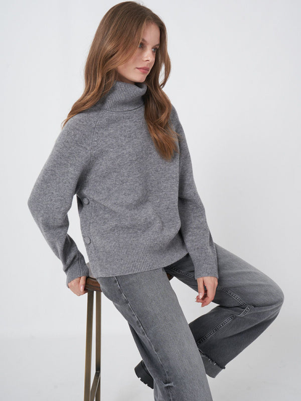 Turtle Neck With Button Side Detail - Grey - FINAL SALE