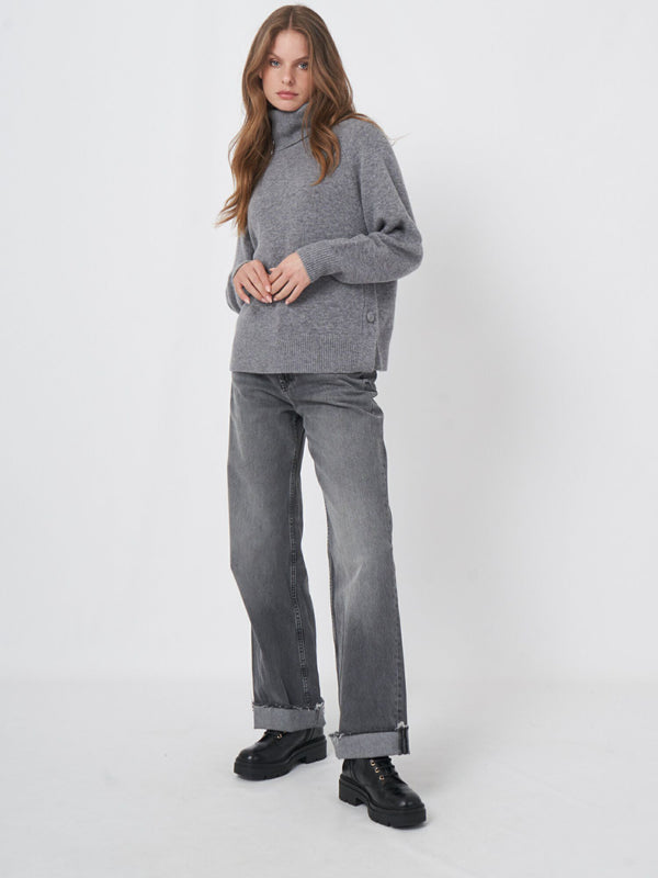 Turtle Neck With Button Side Detail - Grey - FINAL SALE