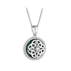 S47102 Sterling Silver Malachite & Cz Spinning Celtic Necklace