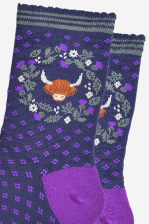 Women's Bamboo Socks - Navy Blue/Purple, Highland Cow Wreath