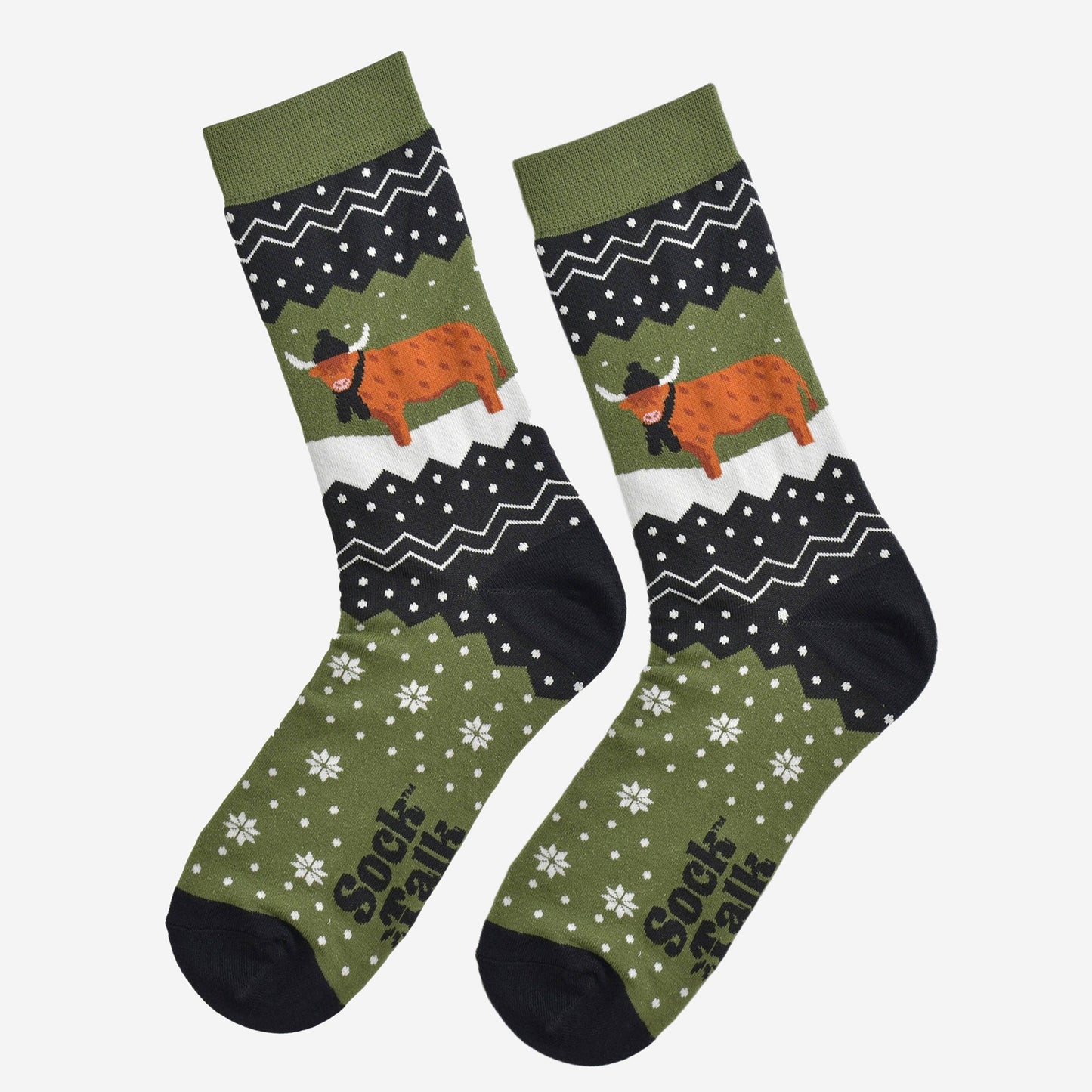 Men's Bamboo Socks - Green/Black, Winter Highland Cow: UK 7-11 | EU 40.5-46 | US 8-12