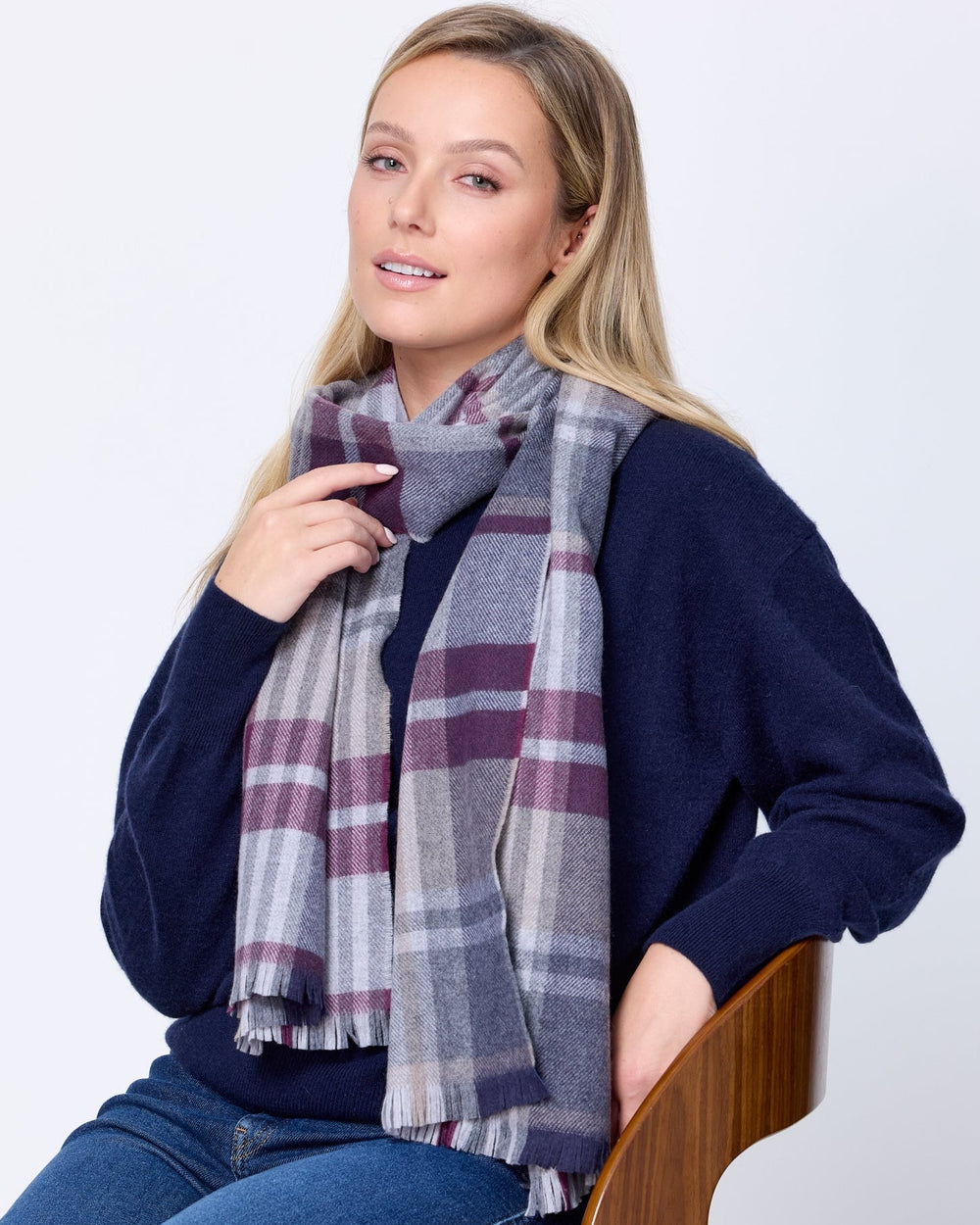 Foxford Aubergine and Grey Tartan Fine Wool Cashmere Blend Scarf