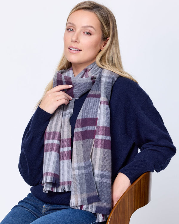 Foxford Aubergine and Grey Tartan Fine Wool Cashmere Blend Scarf