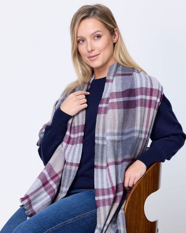 Foxford Aubergine and Grey Tartan Fine Wool Cashmere Blend Scarf