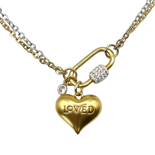 Charm Necklace w/ 'Loved' Heart & Crystal Charms - Gold & Silver